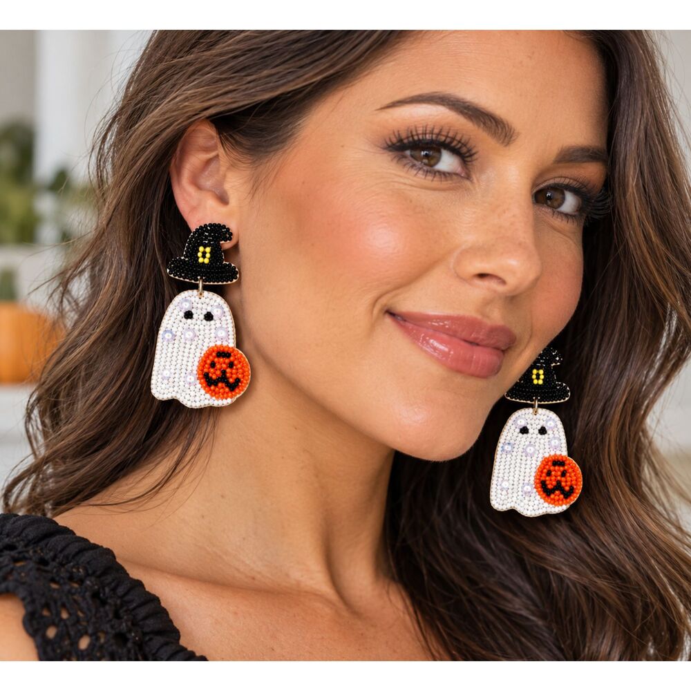 Halloween Ghost Witch Pumpkin Seed Bead Sequin Statement Earrings NWT